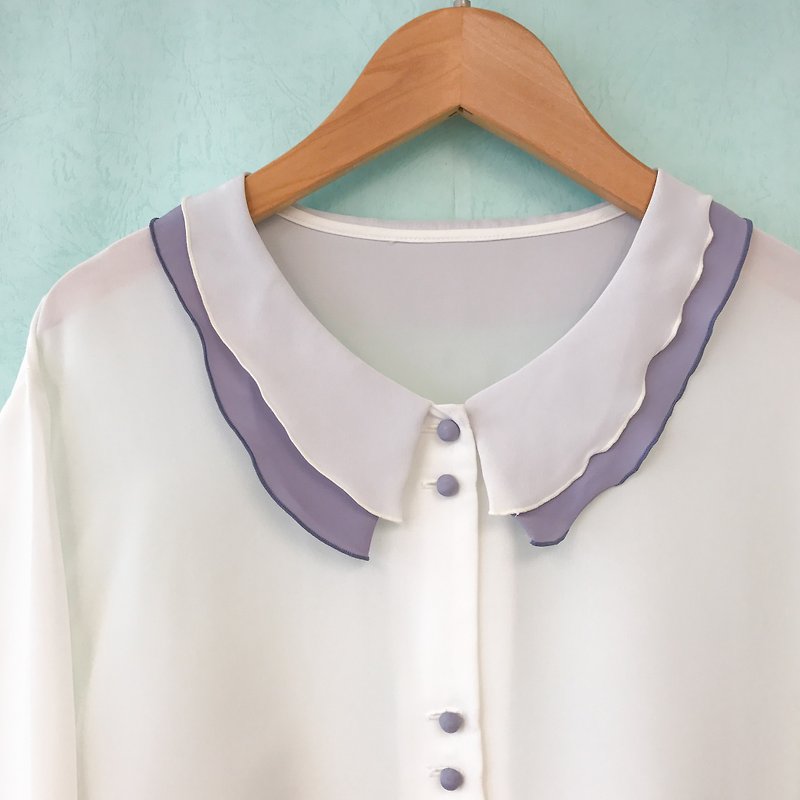 …｛橡子女孩::古着上衣｝白紫双层领口长袖衬衫 - 女装衬衫 - 聚酯纤维 白色