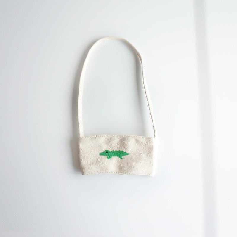 【Q-cute】篓空饮料提袋系列-大杯鳄鱼 - 随行杯提袋/水壶袋 - 棉．麻 绿色