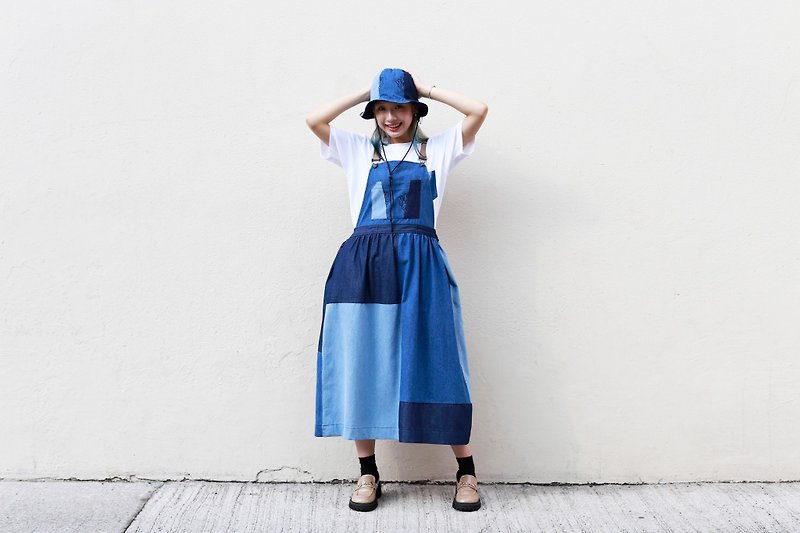 【Pinkoi x miffy】Miffy 蓝色牛仔拼布工人裙 - 洋装/连衣裙 - 棉．麻 蓝色
