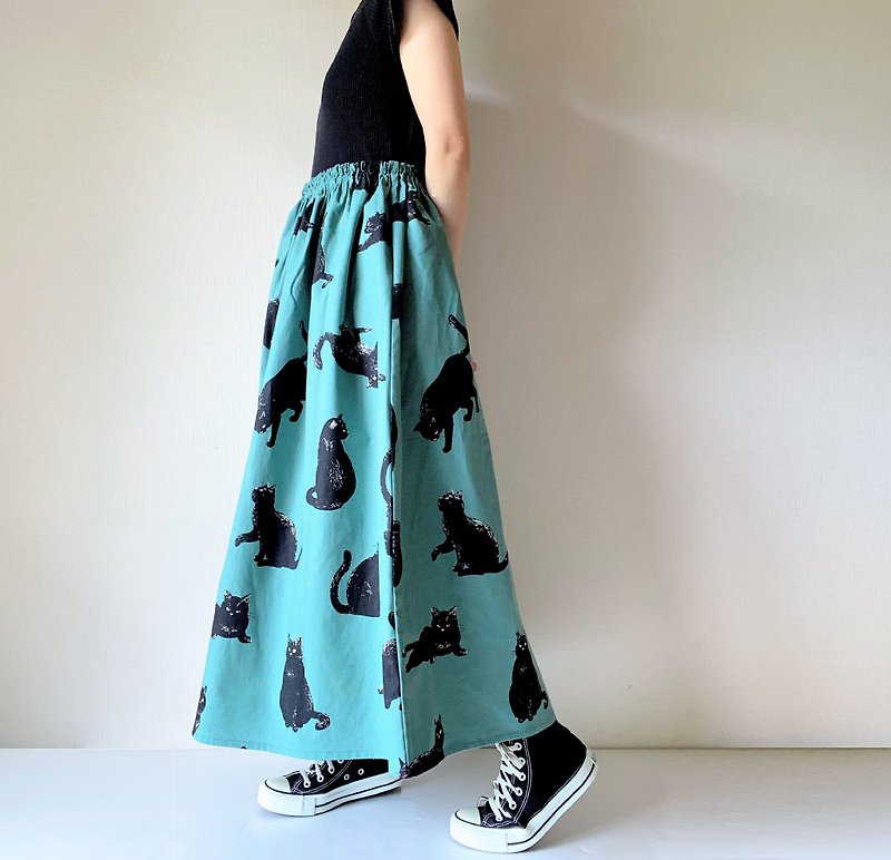 黒猫　ロングスカート　マキシスカート　コットンリネン　リーフグリーン - 裙子 - 棉．麻 绿色