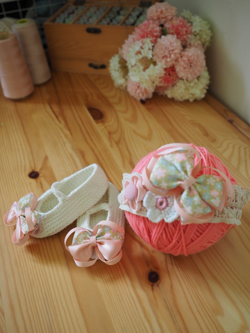 婴儿鞋子发夹发带套装 - 满月礼盒 - 棉．麻 粉红色