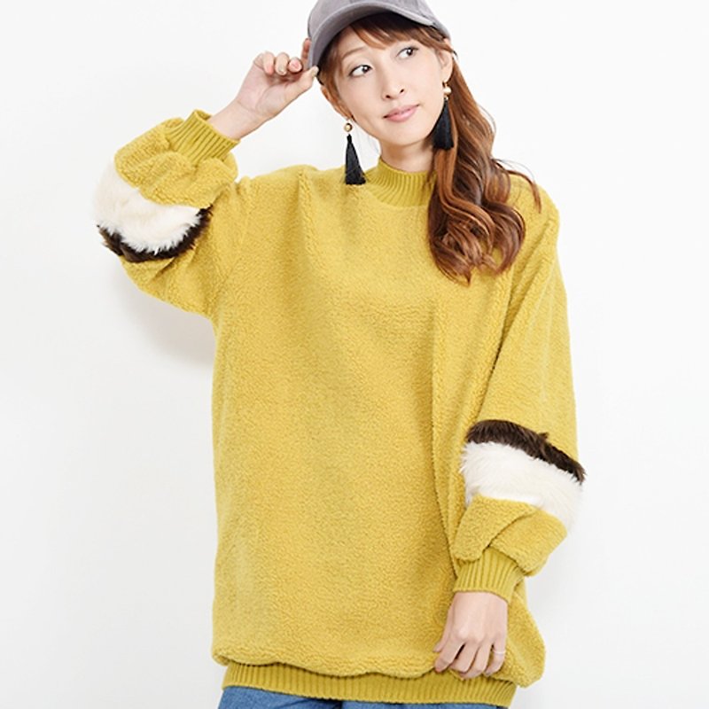 袖口ファー切替 もこもこ素材ニットプルオーバー - 女装针织衫/毛衣 - 聚酯纤维 黄色