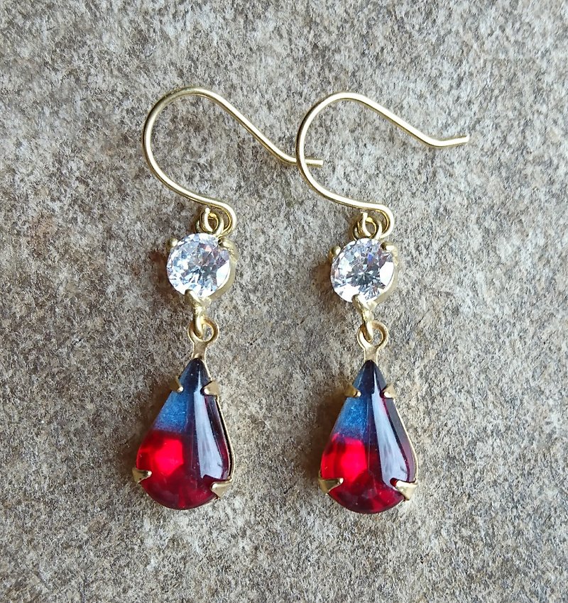 蓝红渐层古董玻璃耳环 - 耳环/耳夹 - 其他金属 