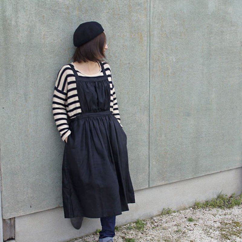 免運Free shipping/ twill weave linen 100% apron dress/black - 洋装/连衣裙 - 棉．麻 黑色