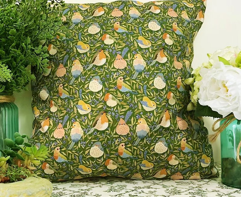 北欧风格小鸟绿色花花图案抱枕靠枕靠垫枕套 - 枕头/抱枕 - 棉．麻 绿色