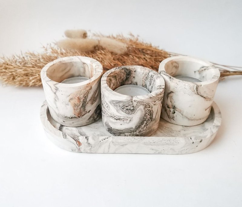 Set of 4 items. Stand, 3 pieces candle holder, plaster, handmade. - 置物架/篮子 - 环保材料 多色