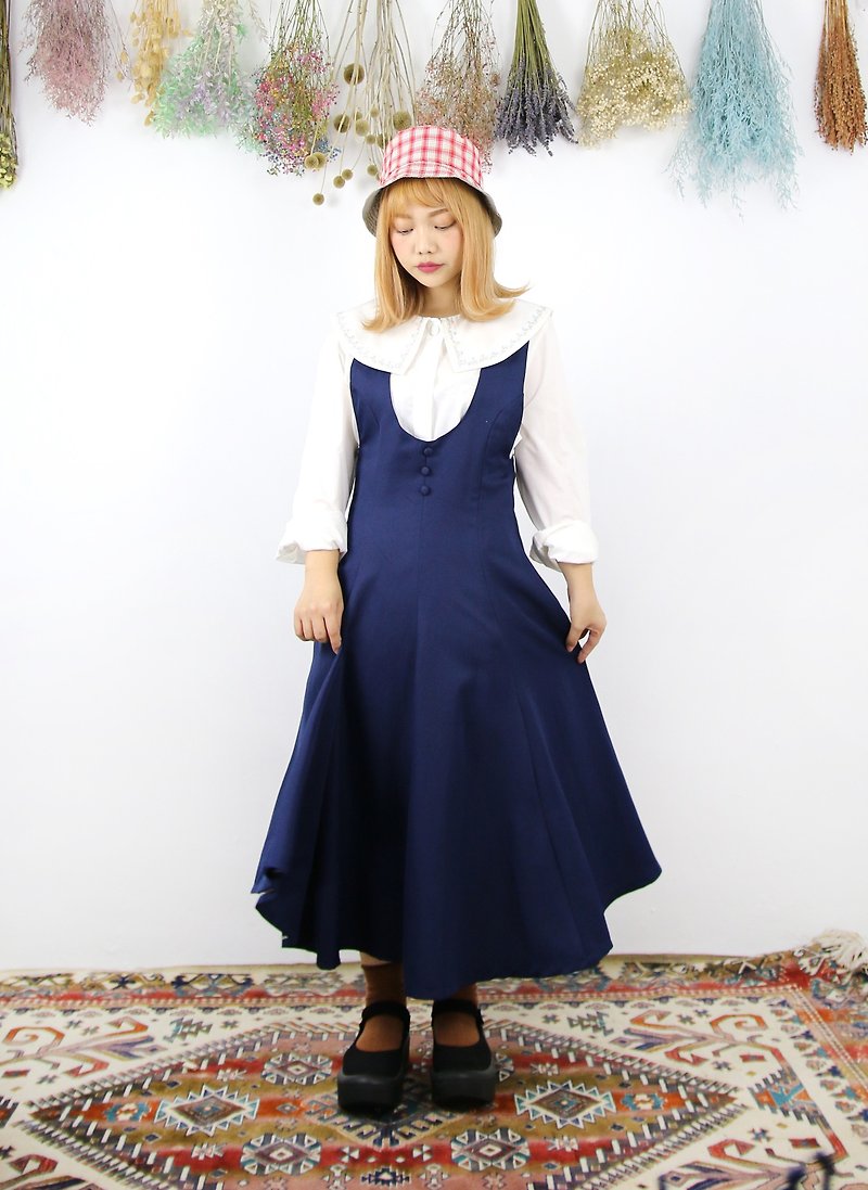 Back to Green:: U领 深蓝圆裙 vintage dress (DS-05) - 洋装/连衣裙 - 其他人造纤维 