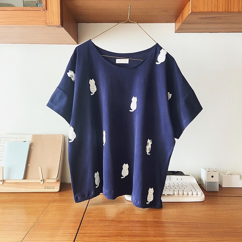 妙欧T恤: 海军蓝 - 女装 T 恤 - 棉．麻 蓝色