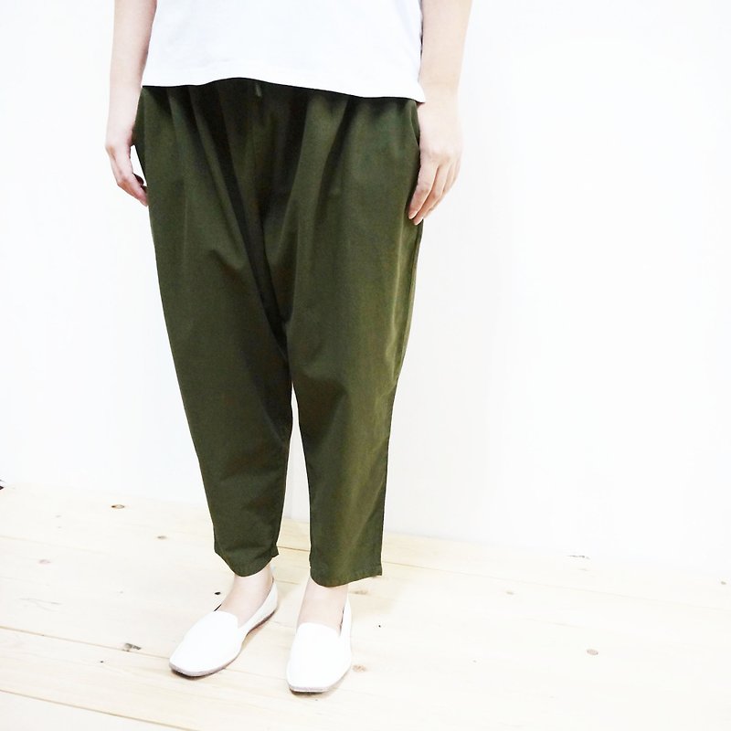 纯棉九分哈伦裤/墨绿色 - 女装长裤 - 棉．麻 绿色