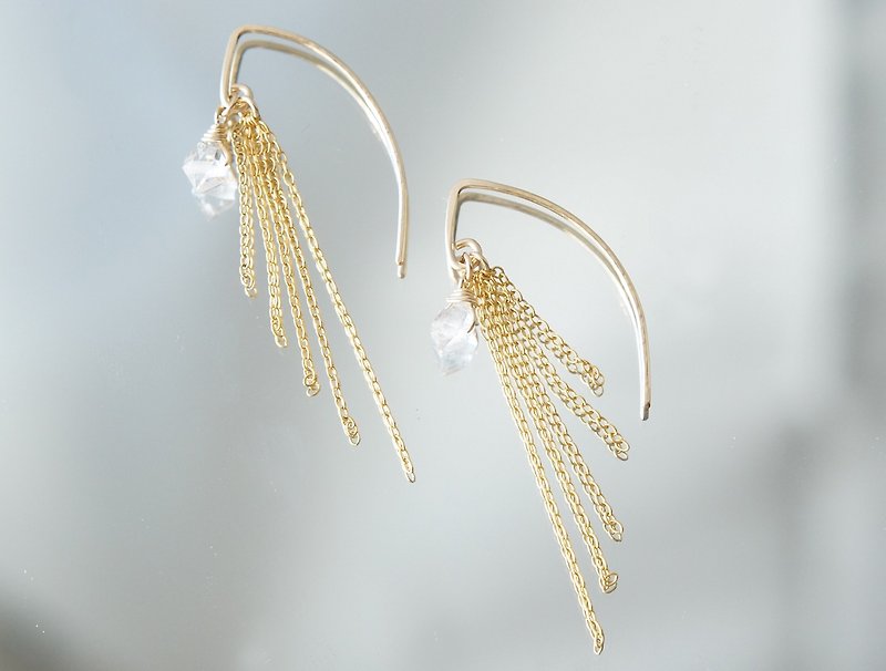 【14KGF/Tiny】Leaf Hook Fringe Earrings, -NY Herkimerdiamond- - 耳环/耳夹 - 宝石 金色
