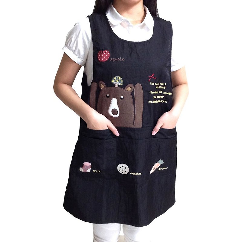 【BEAR BOY】丝光绵6口袋围裙-香菇与熊-黑 - 围裙 - 其他材质 
