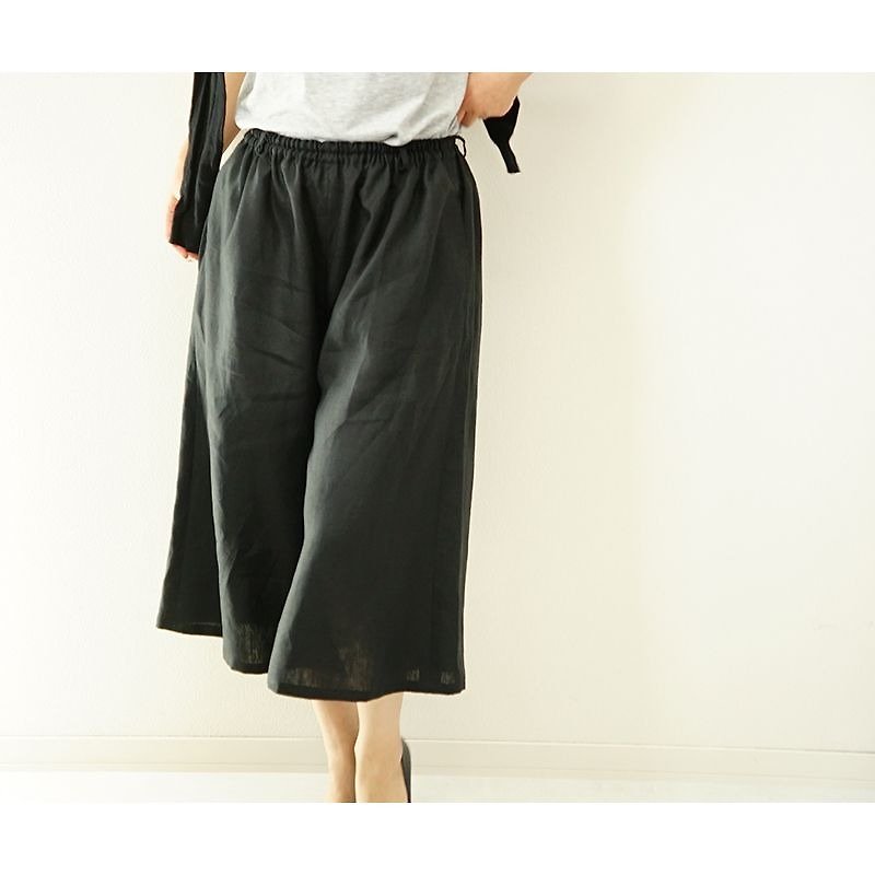 【wafu】Belgian linen 100% Wide pants /　Black  bo6-16 - 女装长裤 - 棉．麻 黑色