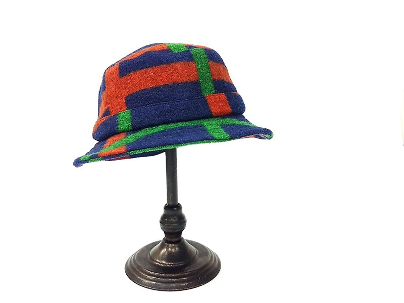 英式圆盘小盘帽-蓝底绿橘格纹毛呢 #保暖 #限量 #毛料 - 帽子 - 其他材质 多色