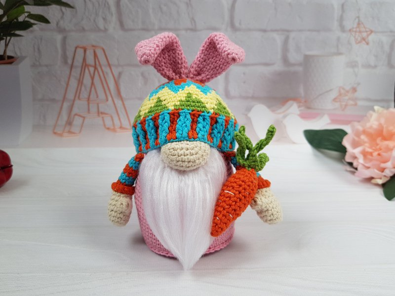 Crochet pattern Easter bunny gnome with carrot, Crochet gnome amigurumi pattern - 编织/刺绣/羊毛毡/裁缝 - 其他材质 