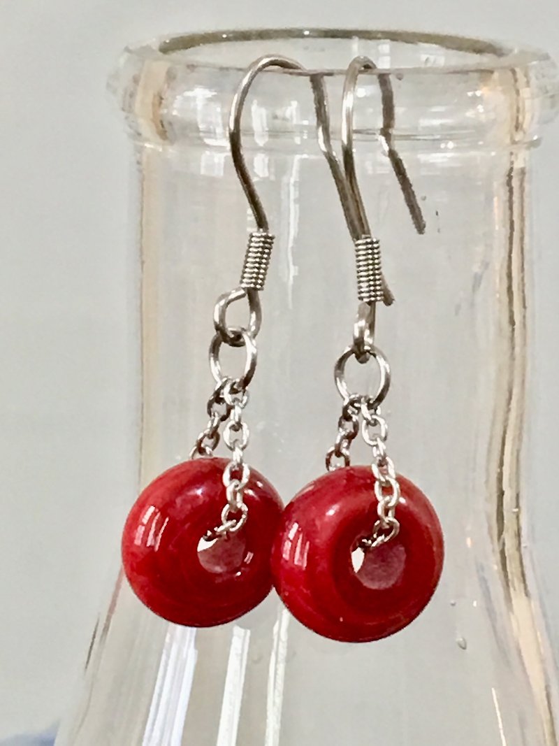 纯色系列-红色不透明琉璃耳环 - 耳环/耳夹 - 玻璃 红色
