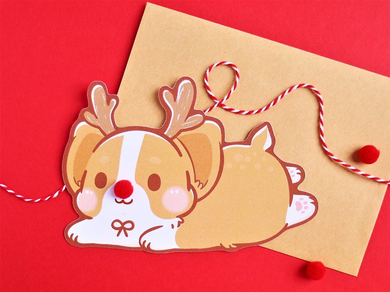 圣诞造型卡片 / 柯基 / 红鼻子圣诞麋鹿 - 卡片/明信片 - 纸 红色