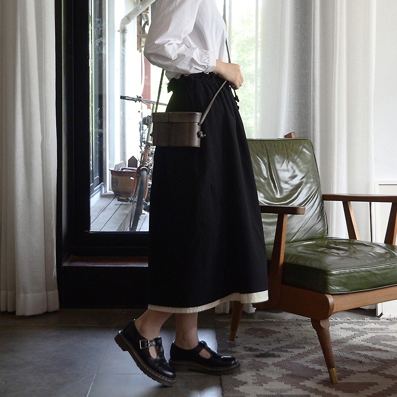 复古抽绳黑色双层花瓣裙|裙子|高腰|棉麻混纺|独立品牌|Sora-35 - 裙子 - 棉．麻 黑色