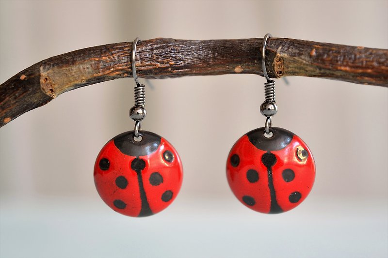 Ladybird Earrings, Lady Bug, Enamel, Jewelry, Earrings, Dotted Earrings, - 耳环/耳夹 - 珐琅 红色