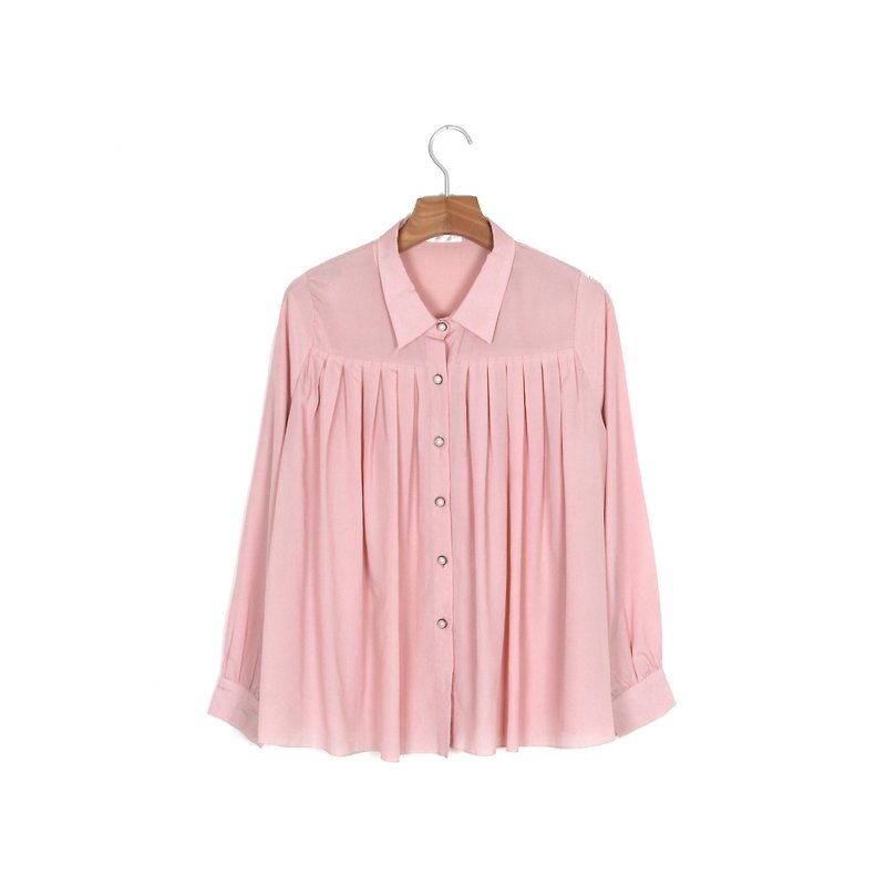 【蛋植物古着】樱色光晕百褶纯色古着衬衫 - 女装衬衫 - 聚酯纤维 粉红色