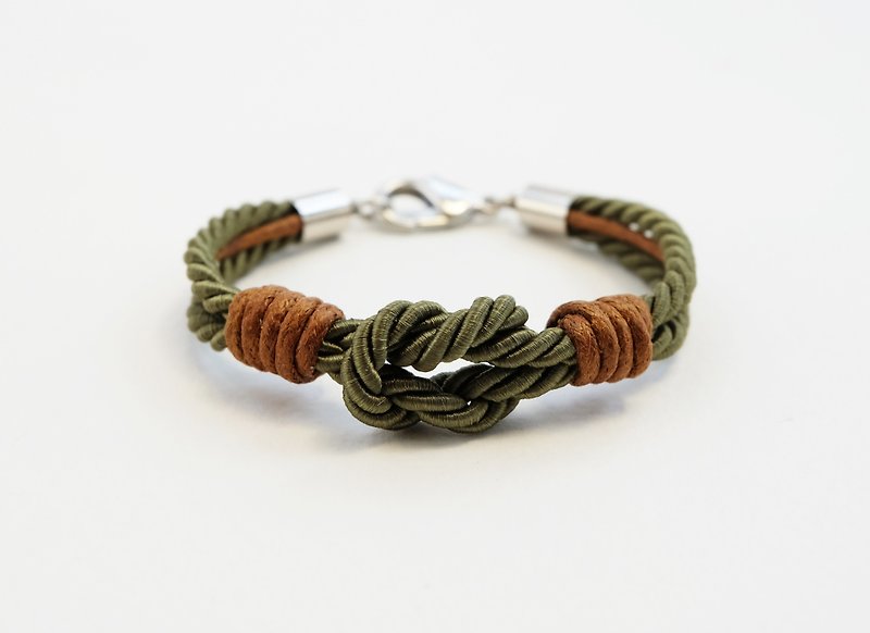 Military green tie the knot bracelet with brown waxed cotton cord - 手链/手环 - 其他材质 绿色