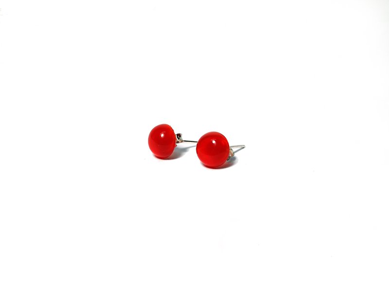 恋爱般少女 / 红玛瑙 天然石925纯银耳环 (一对) - 耳环/耳夹 - 宝石 红色