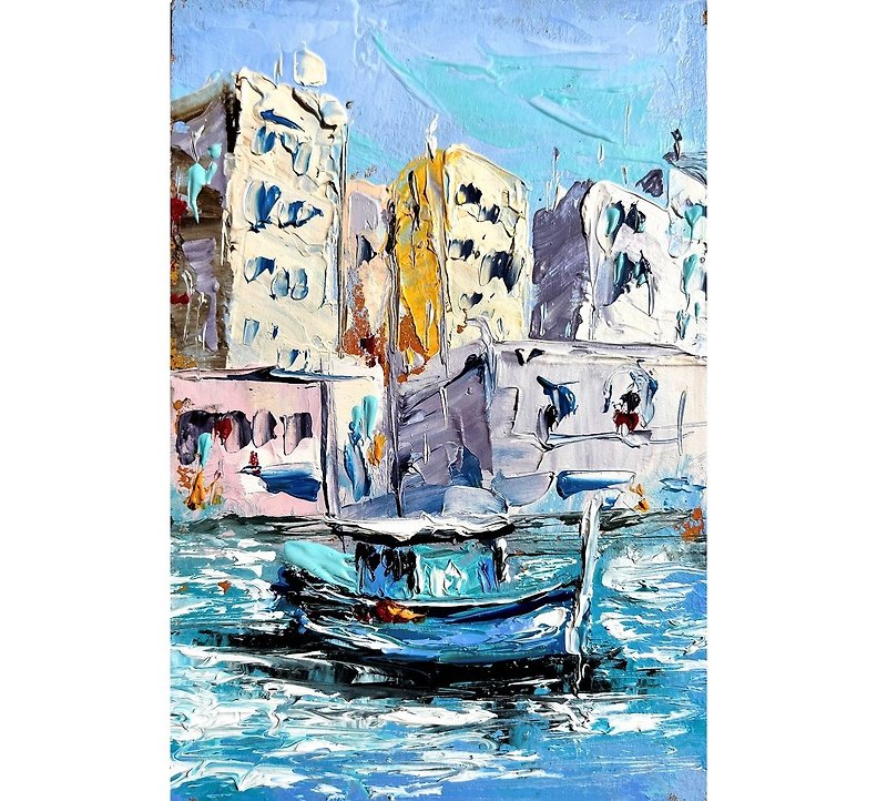 Seaport Painting Boat Original Art Seascape 15x10 cm/ 6x4 inch - 海报/装饰画/版画 - 其他材质 多色