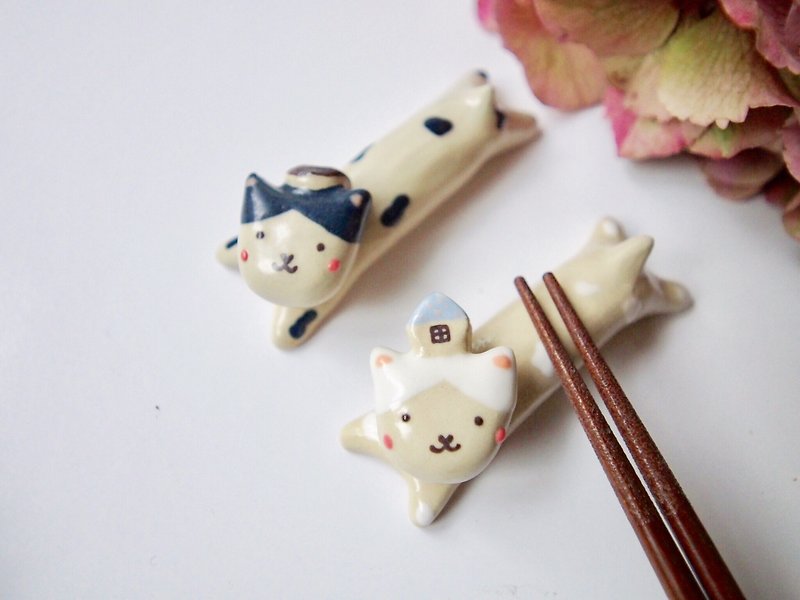 森林陶瓷小动物筷架 - 黑白小猫好朋友款 - 花瓶/陶器 - 陶 白色