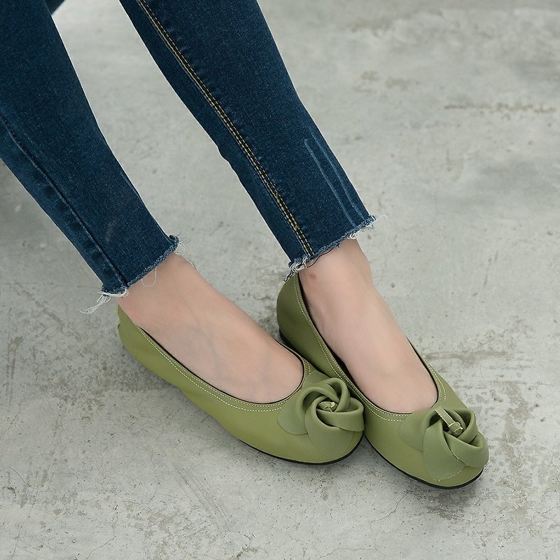 Maffeo 娃娃鞋 芭蕾舞鞋 日式玫瑰真皮束口娃娃鞋(1234绿) - 芭蕾鞋/娃娃鞋 - 真皮 绿色
