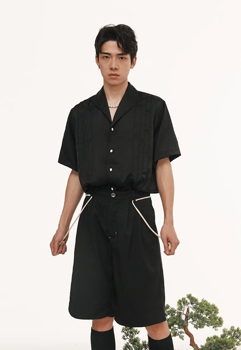 日系复古 坠感极简寬领短袖衬衫 - 男装衬衫 - 其他材质 黑色