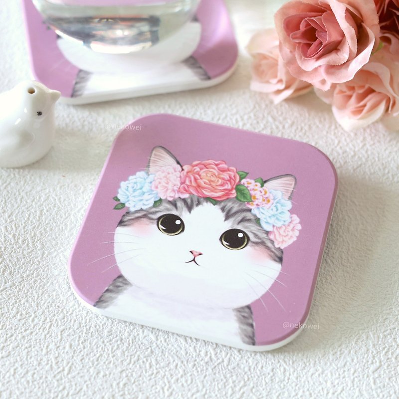 白底灰虎斑猫 陶瓷吸水杯垫 猫咪杯垫 猫猫 插画 可爱 原创 - 杯垫 - 陶 紫色