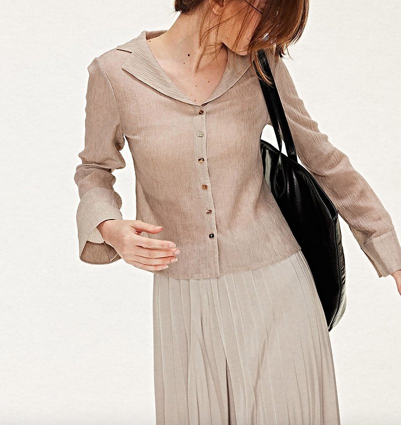 法式复古 宾霸铜氨丝褶皱机理衬衫 - 女装衬衫 - 其他材质 灰色