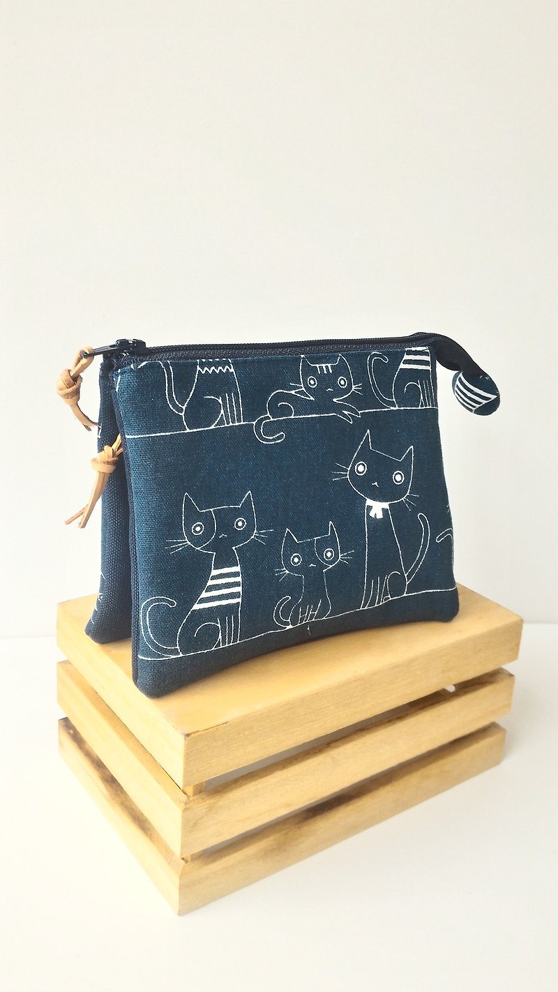蓝猫咪五层包 送给自己和妈妈最好的母亲节礼物 - 零钱包 - 棉．麻 蓝色