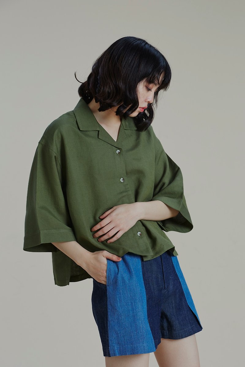 Shan Yong 绿色国民领麻质衬衫上衣 - 女装衬衫 - 棉．麻 
