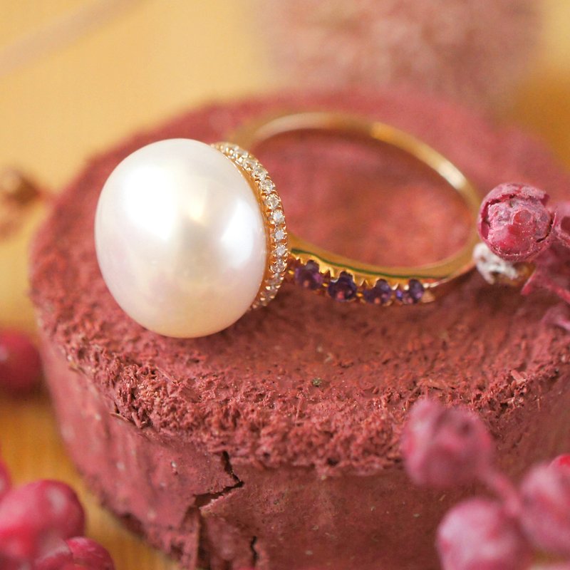 维多利亚 - 14mm 珍珠缀紫水晶纯银电18K玫瑰金戒指 - 戒指 - 宝石 紫色