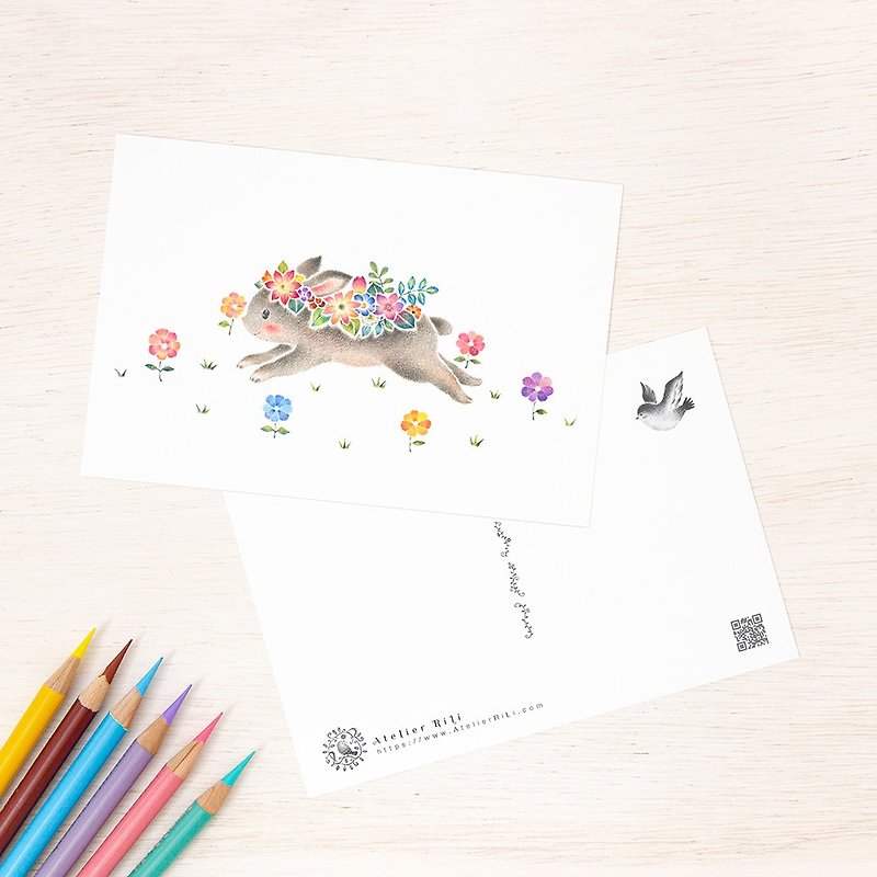 5枚セット。絵本のような。ポストカード"花を飾ったうさぎのミニィ" PC-337 - 卡片/明信片 - 纸 粉红色