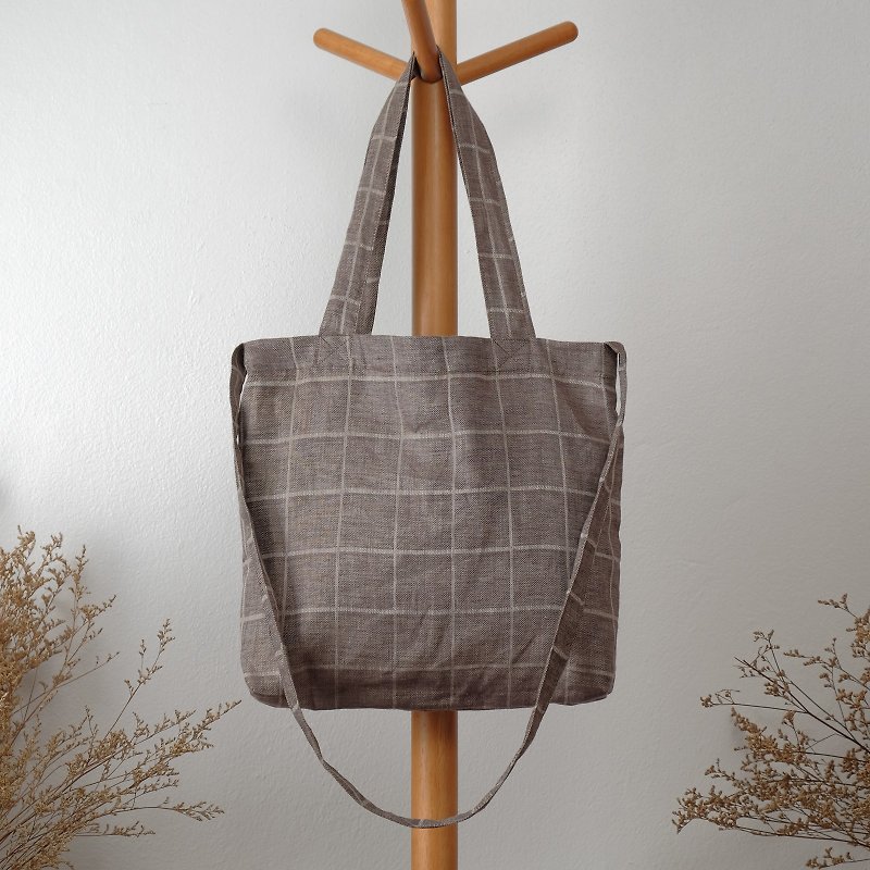 Ash Checkered Linen Tote Bag - 侧背包/斜挎包 - 棉．麻 灰色