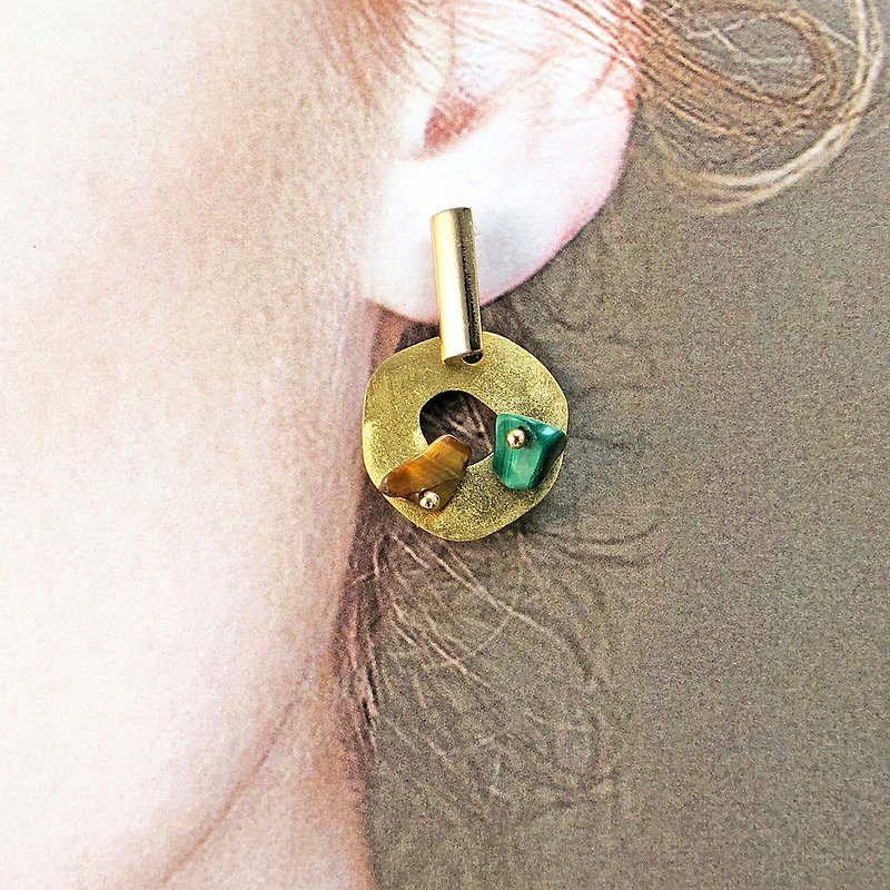 和风天然石925纯银耳环 简约耳环 黄铜耳环 北欧风 迎新年耳环 - 耳环/耳夹 - 半宝石 金色
