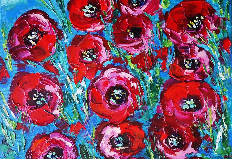 Poppies Oil Painting Flowers Original Art Artwork Wildflowers Impasto Canvas Art - 海报/装饰画/版画 - 颜料 多色