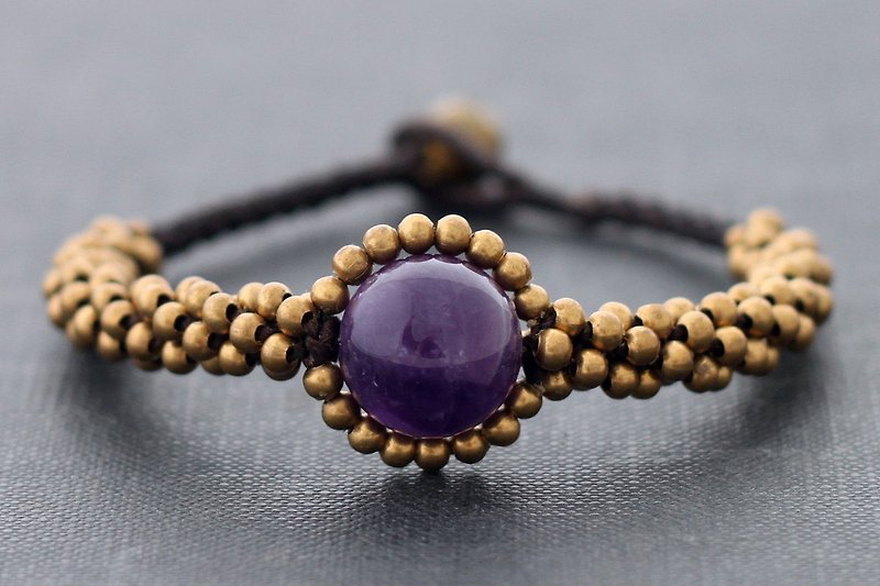 紫水晶眼睛串珠手镯，黄铜编织编织袖口手镯，原始黄铜珠子 - 手链/手环 - 石头 紫色