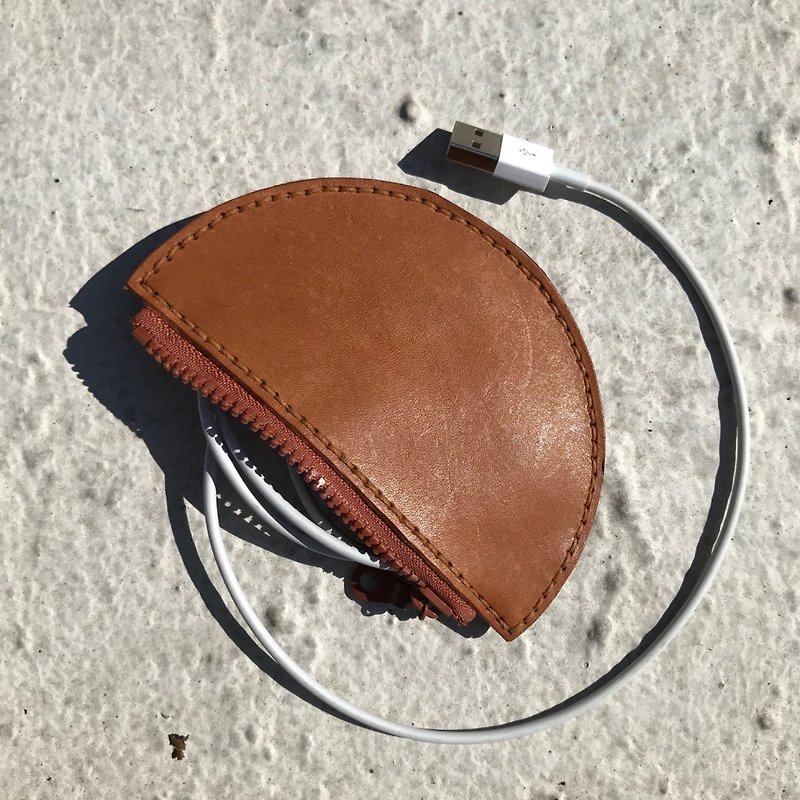 皮革零钱包 - 可收纳零钱耳机充电线小物 / 焦糖色皮革 - 零钱包 - 真皮 
