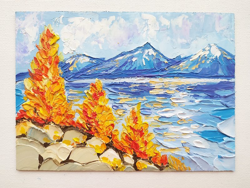 Landscape Autumn Lake Tahoe oil painting impasto original work mountain trees - 墙贴/壁贴 - 其他材质 橘色