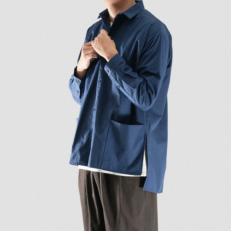 中性方形口袋衬衫 蓝色款 - 男装衬衫 - 棉．麻 蓝色