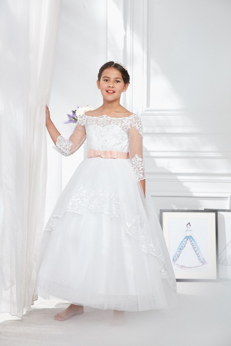 大马士革玫瑰金漾洋装 - 童装礼服/连衣裙 - 聚酯纤维 白色