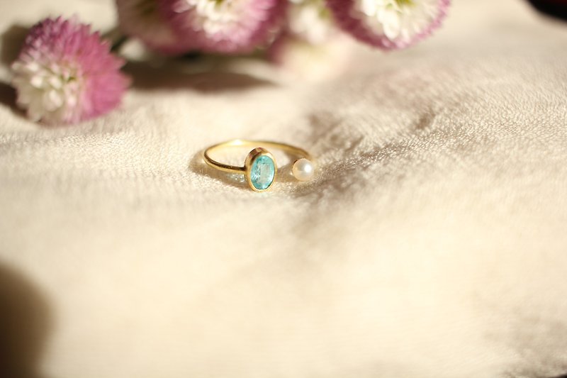 人魚的指輪 珍珠 磷灰石  人魚のオープンリング パール アパタイト Mermaid open ring  pearl & apatite K18 - 戒指 - 宝石 蓝色