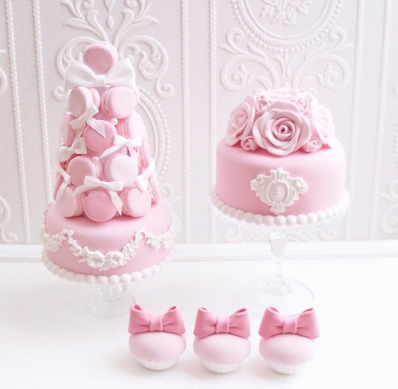 クレイケーキとマカロンタワーとカップケーキのセット - 摆饰 - 粘土 粉红色