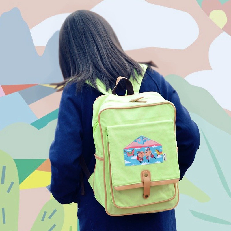 纯棉帆布后背包 原创图案印花双肩包 休闲旅行电脑背包  #夏季特惠# - 后背包/双肩包 - 棉．麻 绿色