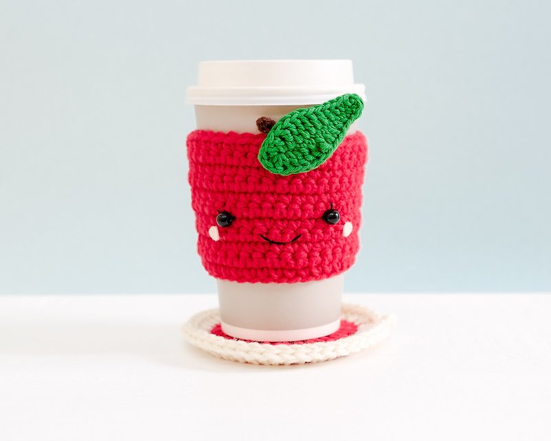 Crochet Cozy Cup with Coaster - The Red Apple. - 咖啡杯/马克杯 - 棉．麻 红色