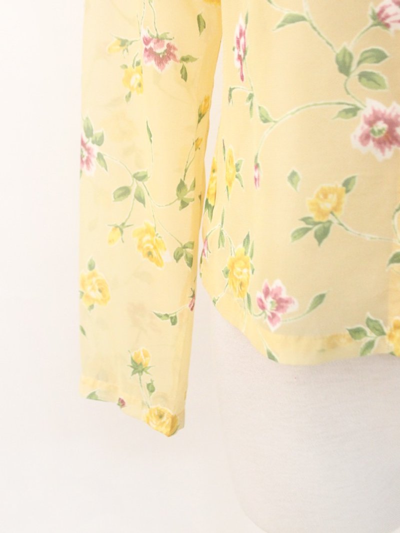 复古日本制浪漫甜美花朵印花薄长袖黄色古着衬衫 Vintage Blouse - 女装衬衫 - 聚酯纤维 黄色