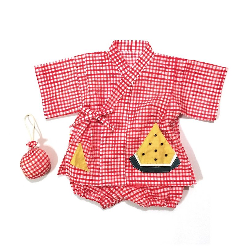 赤ちゃんじんべい　赤チェック × スイカ - 满月礼盒 - 棉．麻 红色