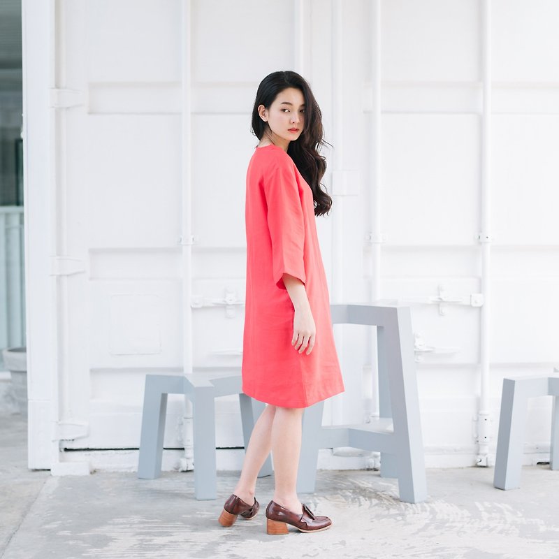 V-Neck Linen Dress - Coral PINK - 洋装/连衣裙 - 棉．麻 红色